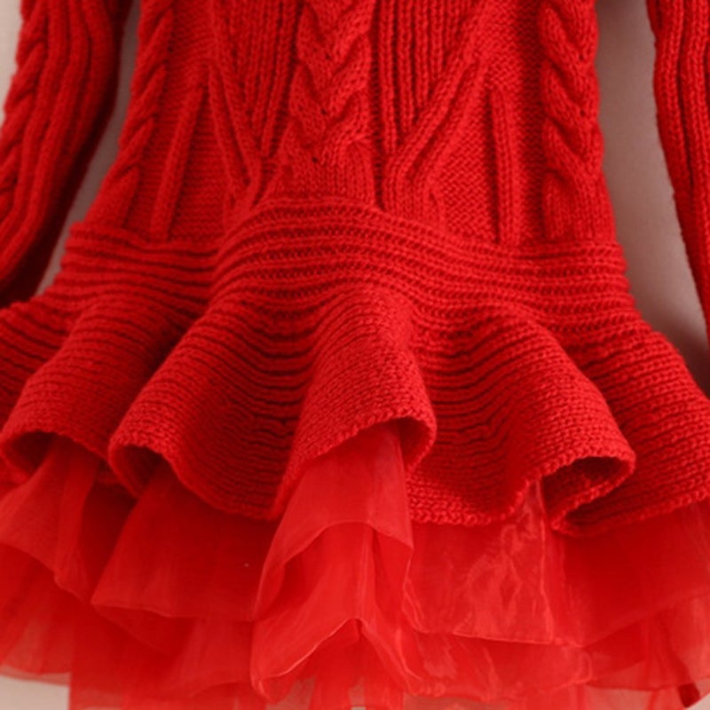 WEONEDREAM Generic Christmas Sweater Dresses for Girls Ruffle Sweater Long Sleeves Tutu Dress Stitching Knitting Pullover Tops for Kids 2 3T(Red, 100) - Image 4